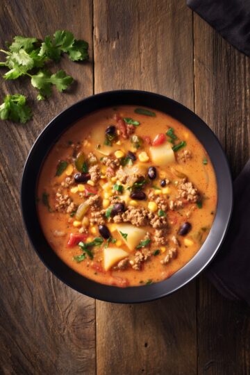 Overhead bowl of high protein taco potato soup with ground turkey, potatoes, black beans, corn, tomatoes, peppers, and herbs, served in a black bowl on rustic wood.