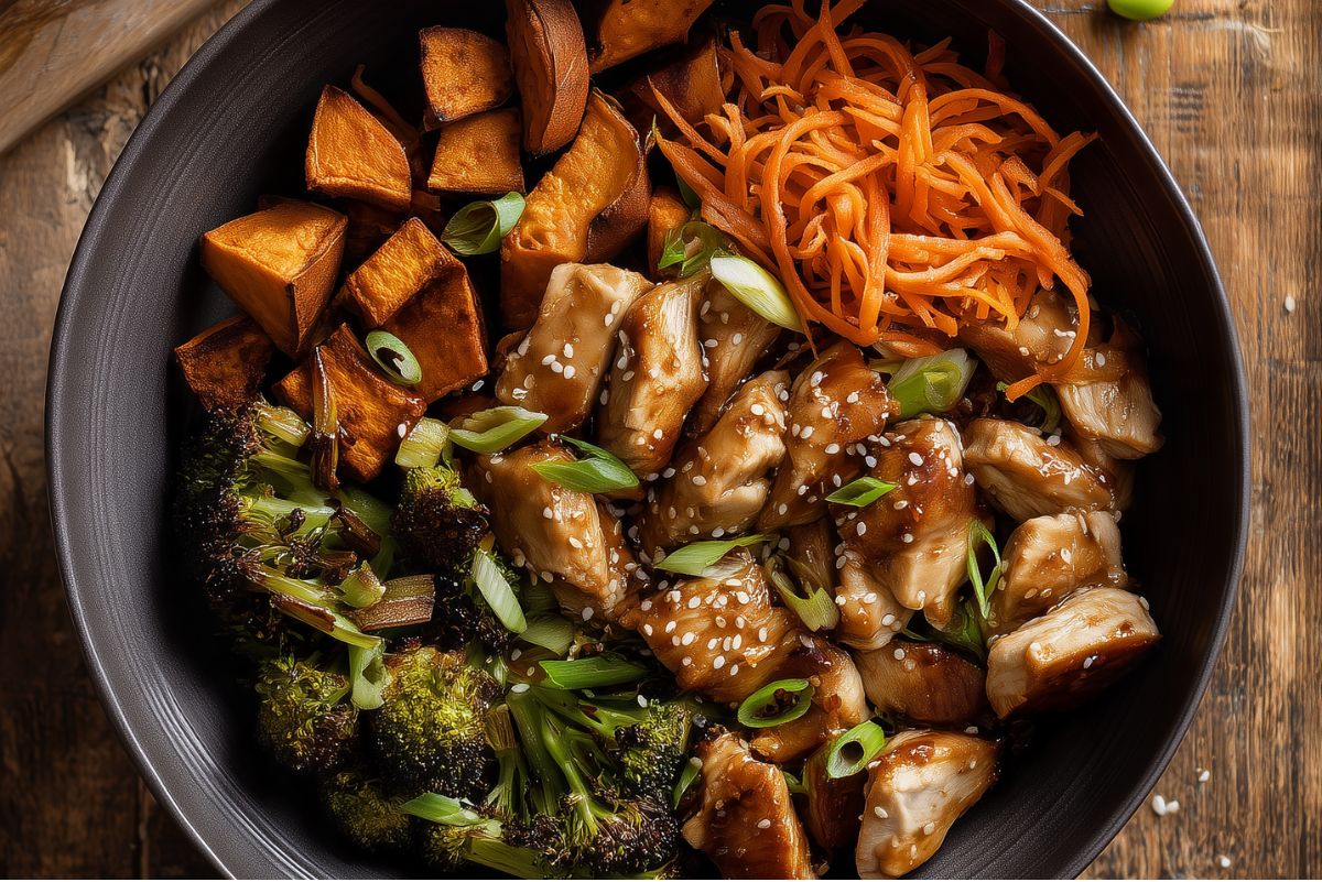 Overhead view of a teriyaki chicken sweet potato bowl with glazed chicken, roasted sweet potatoes, broccoli, shredded carrots, green onions, and sesame seeds in a black bowl.