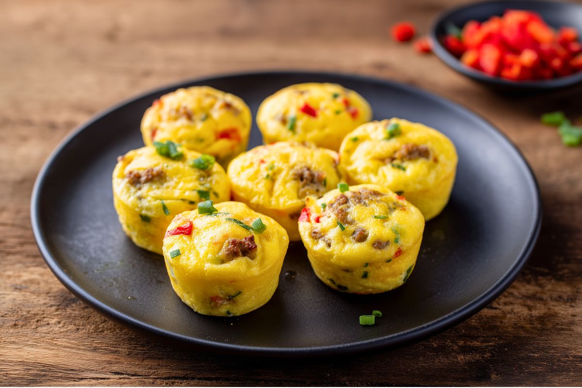 High protein Tex-Mex egg bites with sausage, peppers, cheese, and green onions arranged on a matte black plate over a rustic wood table.