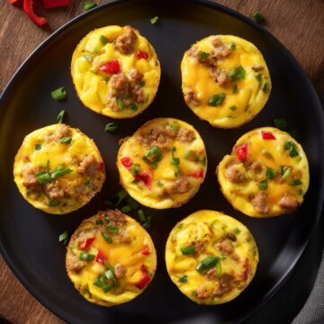 Overhead view of Tex-Mex egg bites with sausage, melted cheddar, red and green peppers, and green onions on a matte black plate over dark rustic wood.