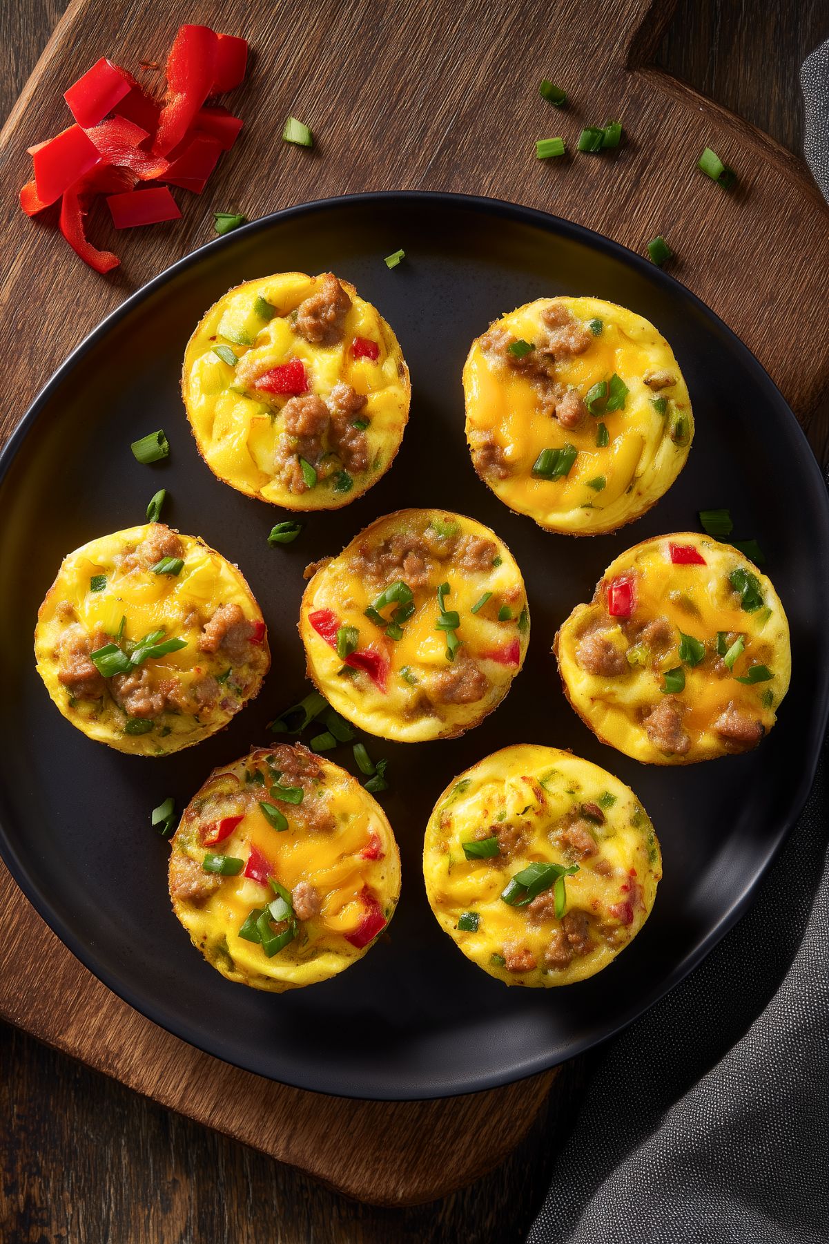 Overhead view of Tex-Mex egg bites with sausage, melted cheddar, red and green peppers, and green onions on a matte black plate over dark rustic wood.