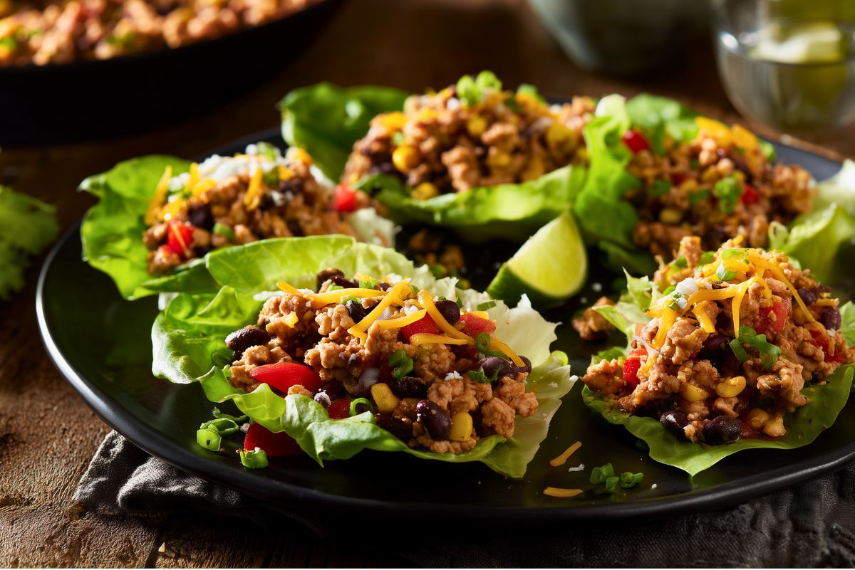 Tex-Mex turkey lettuce wraps filled with seasoned ground turkey, black beans, corn, red peppers, shredded cheddar, and green onions on a black plate with lime wedges.