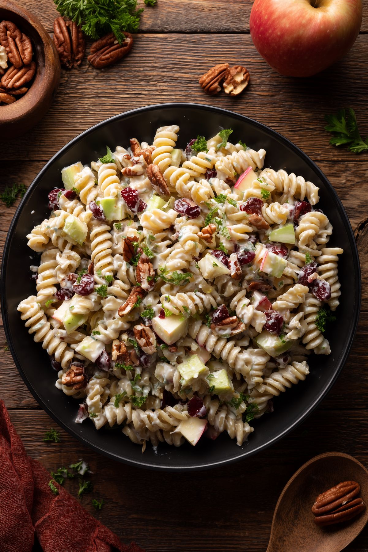 Overhead view of creamy Thanksgiving cranberry pecan pasta salad with rotini, apples, dried cranberries, pecans, celery, and parsley in a black bowl on a rustic wooden table.