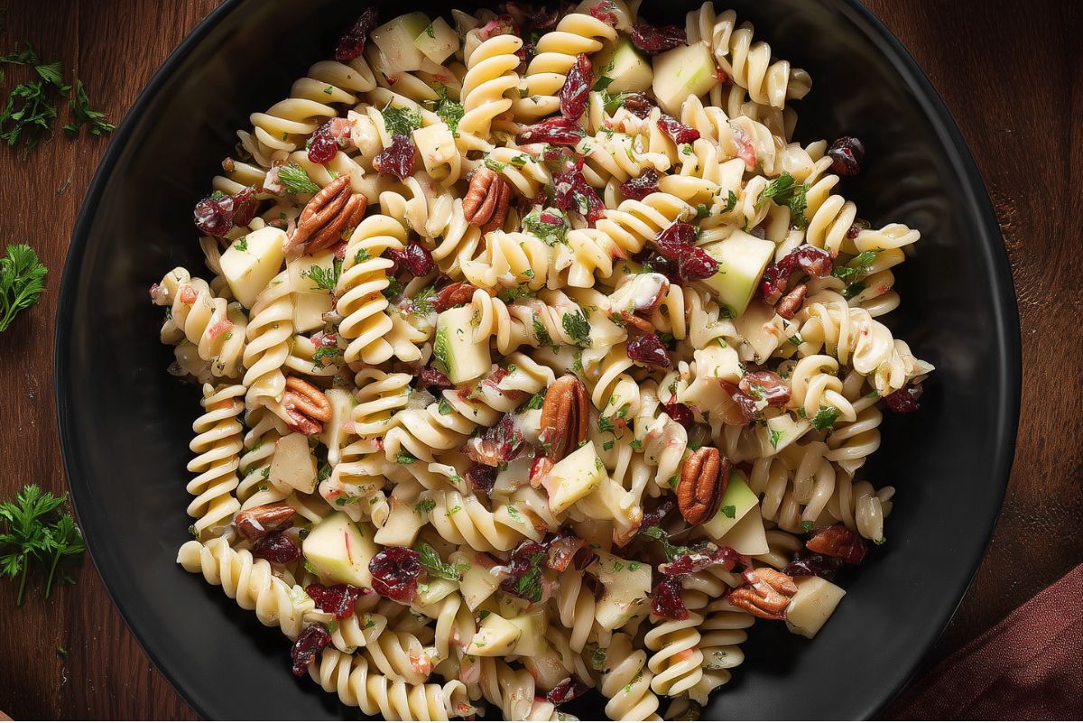 Close overhead view of Thanksgiving cranberry pecan pasta salad with rotini, diced apples, dried cranberries, pecans, celery, and fresh herbs in a black bowl on a dark wood table.