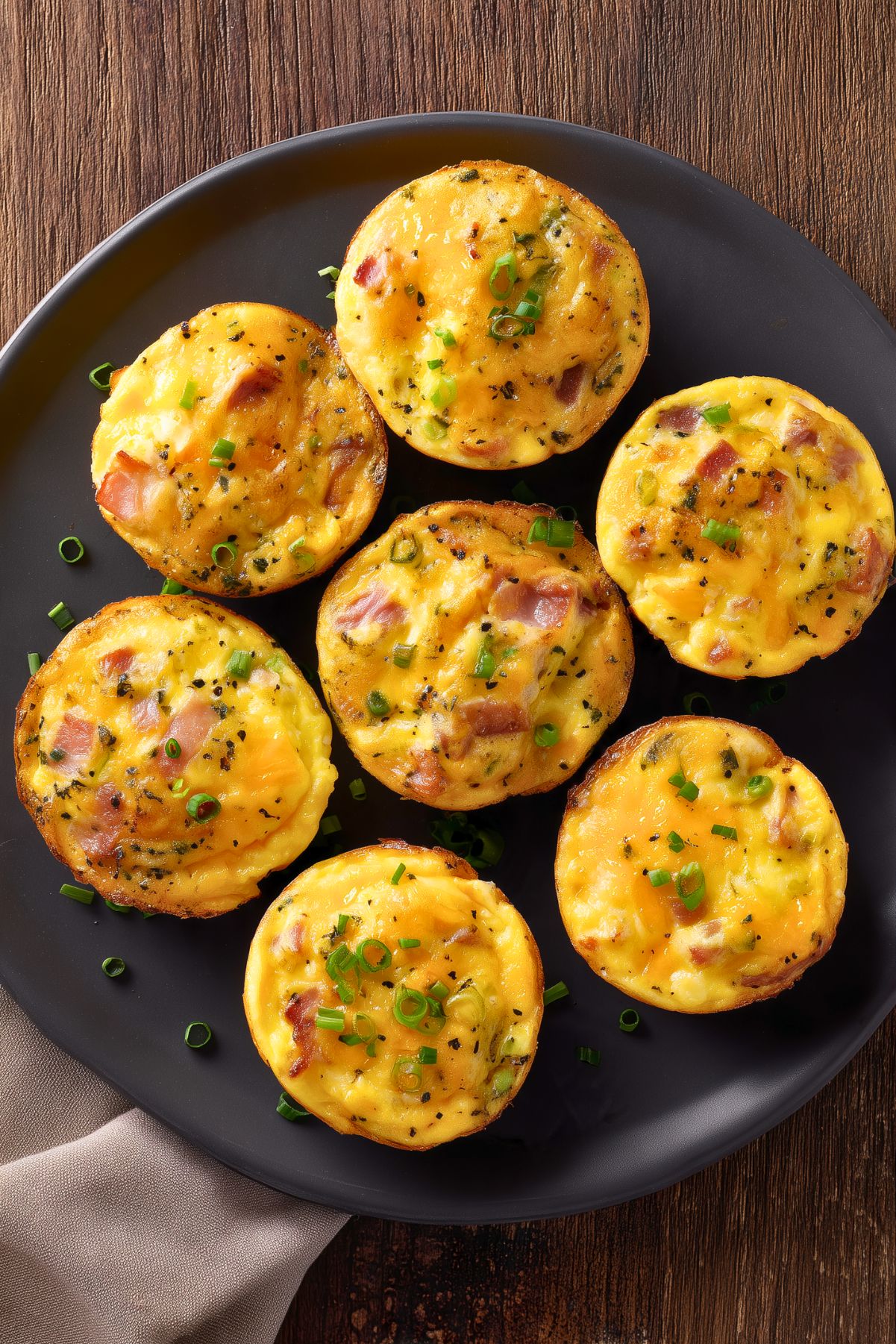 Overhead view of seven turkey bacon and cheddar egg bites on a black plate. The golden baked egg bites are topped with melted cheddar, pieces of turkey bacon, green onions, and black pepper.
