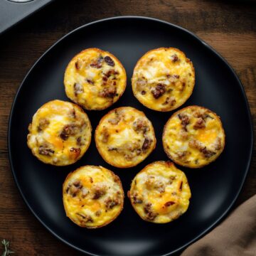 Overhead view of seven turkey sausage and apple egg bites on a matte black plate, with more egg bites in a muffin pan and sliced apples on a dark wood table.