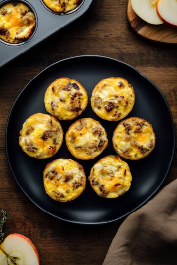 Overhead view of seven turkey sausage and apple egg bites on a matte black plate, with more egg bites in a muffin pan and sliced apples on a dark wood table.