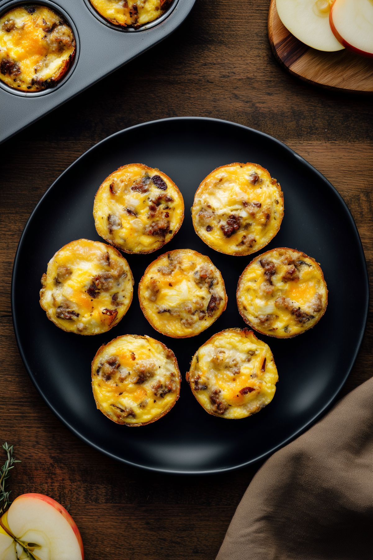 Overhead view of seven turkey sausage and apple egg bites on a matte black plate, with more egg bites in a muffin pan and sliced apples on a dark wood table.