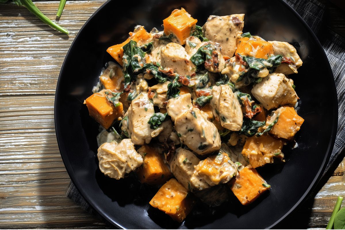 Tuscan chicken sweet potato bowl with chunks of chicken, roasted sweet potatoes, spinach, sun-dried tomatoes, and creamy sauce served in a black bowl on a rustic wood table.