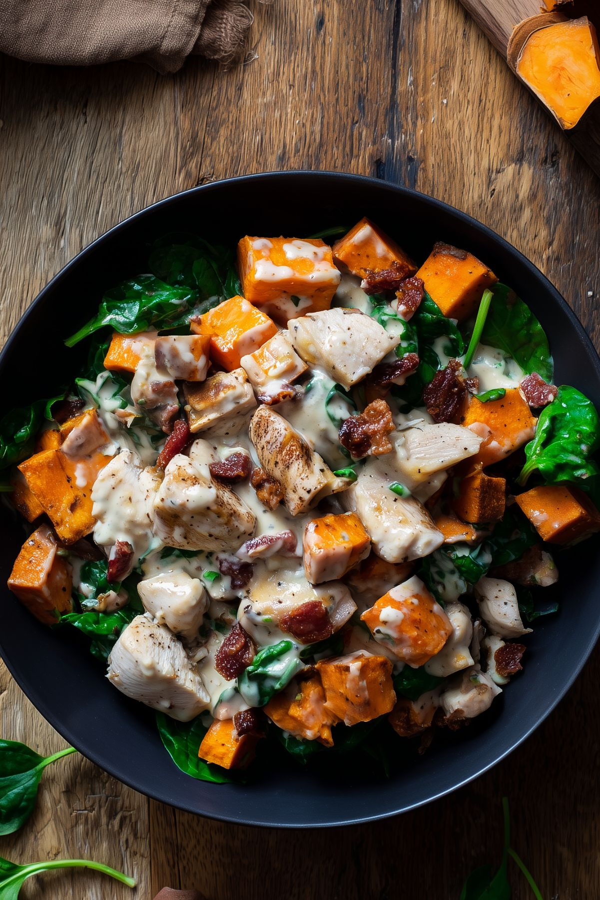 Overhead view of a Tuscan chicken sweet potato bowl with roasted sweet potatoes, chicken, spinach, bacon, and creamy sauce in a black bowl on a rustic wood table.