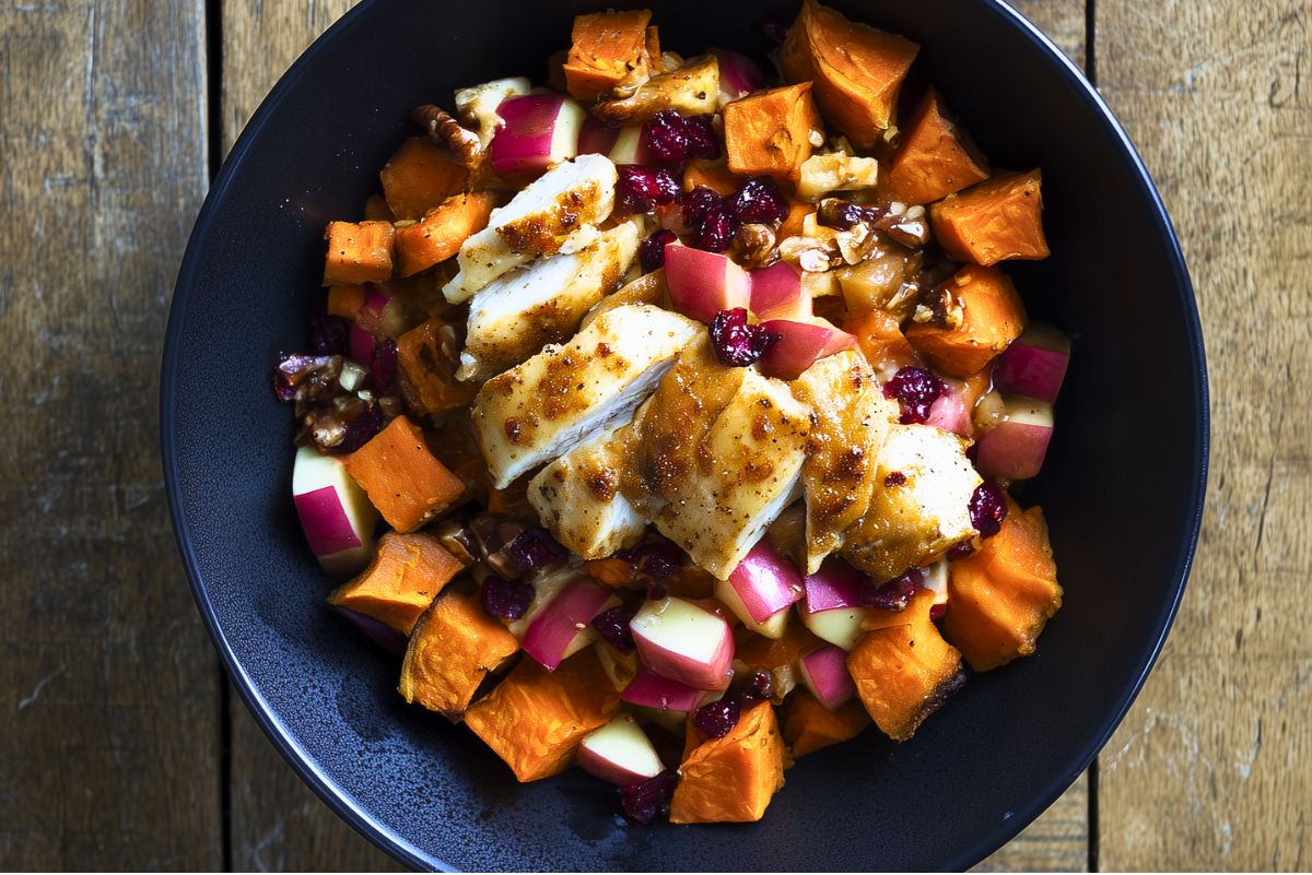 Overhead view of an Apple Pecan Chicken Sweet Potato Bowl with sliced golden chicken breast, roasted sweet potatoes, diced red apples, dried cranberries, and chopped pecans drizzled with sauce. Served in a matte black bowl on a rustic wooden table.