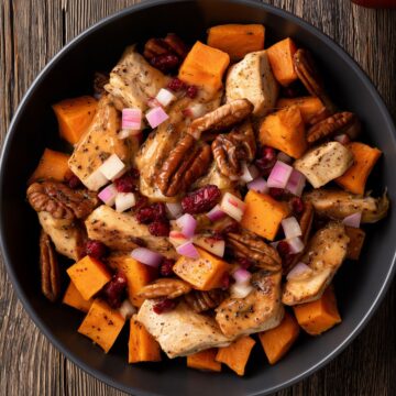 Close-up overhead view of an Apple Pecan Chicken Sweet Potato Bowl filled with seasoned chicken pieces, orange roasted sweet potato cubes, diced apples, dried cranberries, and pecan halves with a light sauce. Served in a matte black bowl on rustic wood with a red apple nearby.