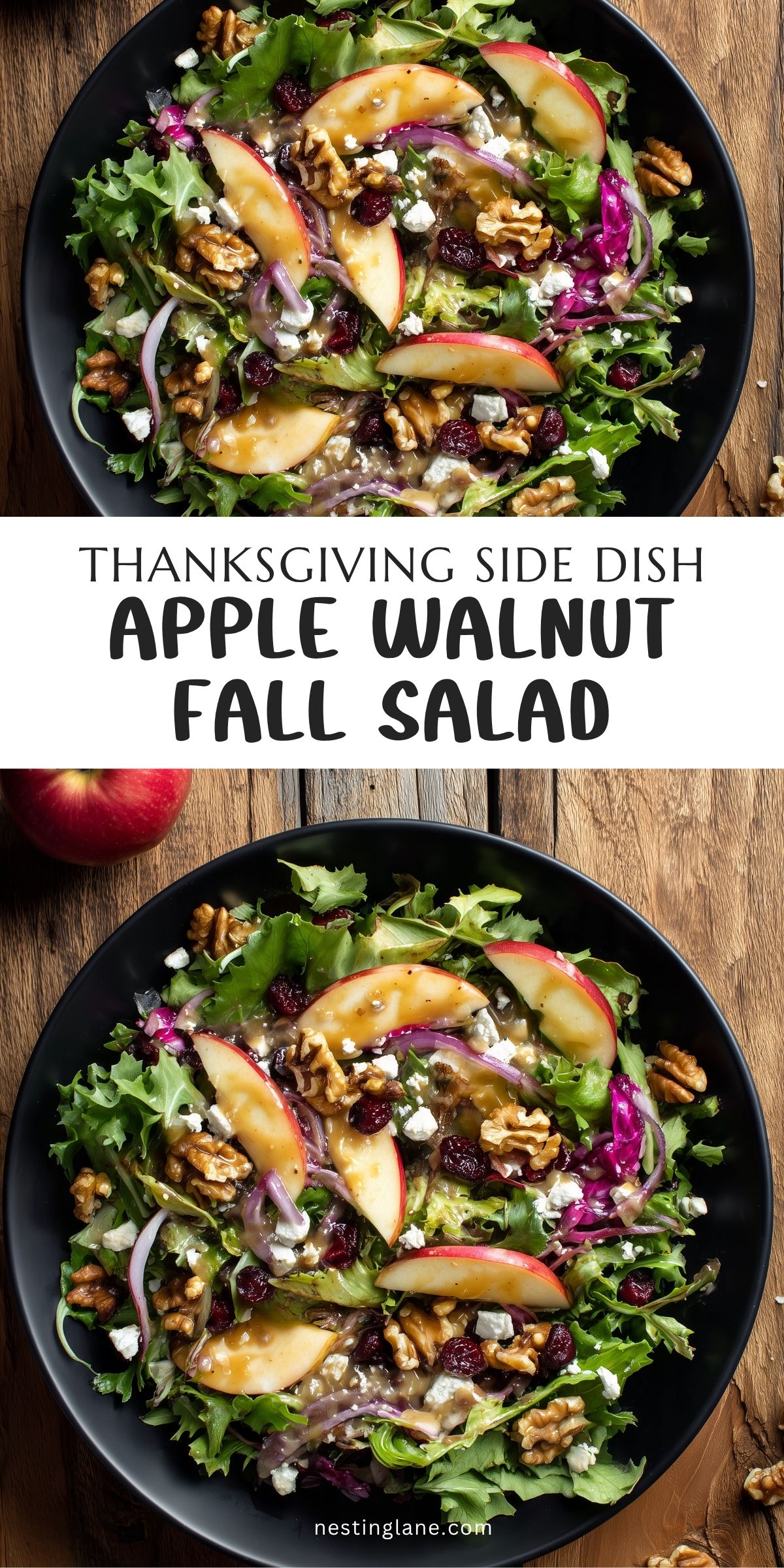 Apple Walnut Fall Salad with mixed greens, sliced apples, walnuts, dried cranberries, feta, red onion, and dressing. Text reads: “Thanksgiving Side Dish Apple Walnut Fall Salad” and “nestinglane.com.”