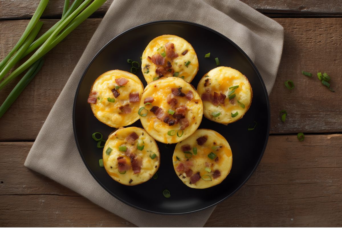 Six Bacon Ranch Egg Bites topped with bacon and green onions on a black plate over a rustic wood table, with green onions and a neutral cloth in the background.