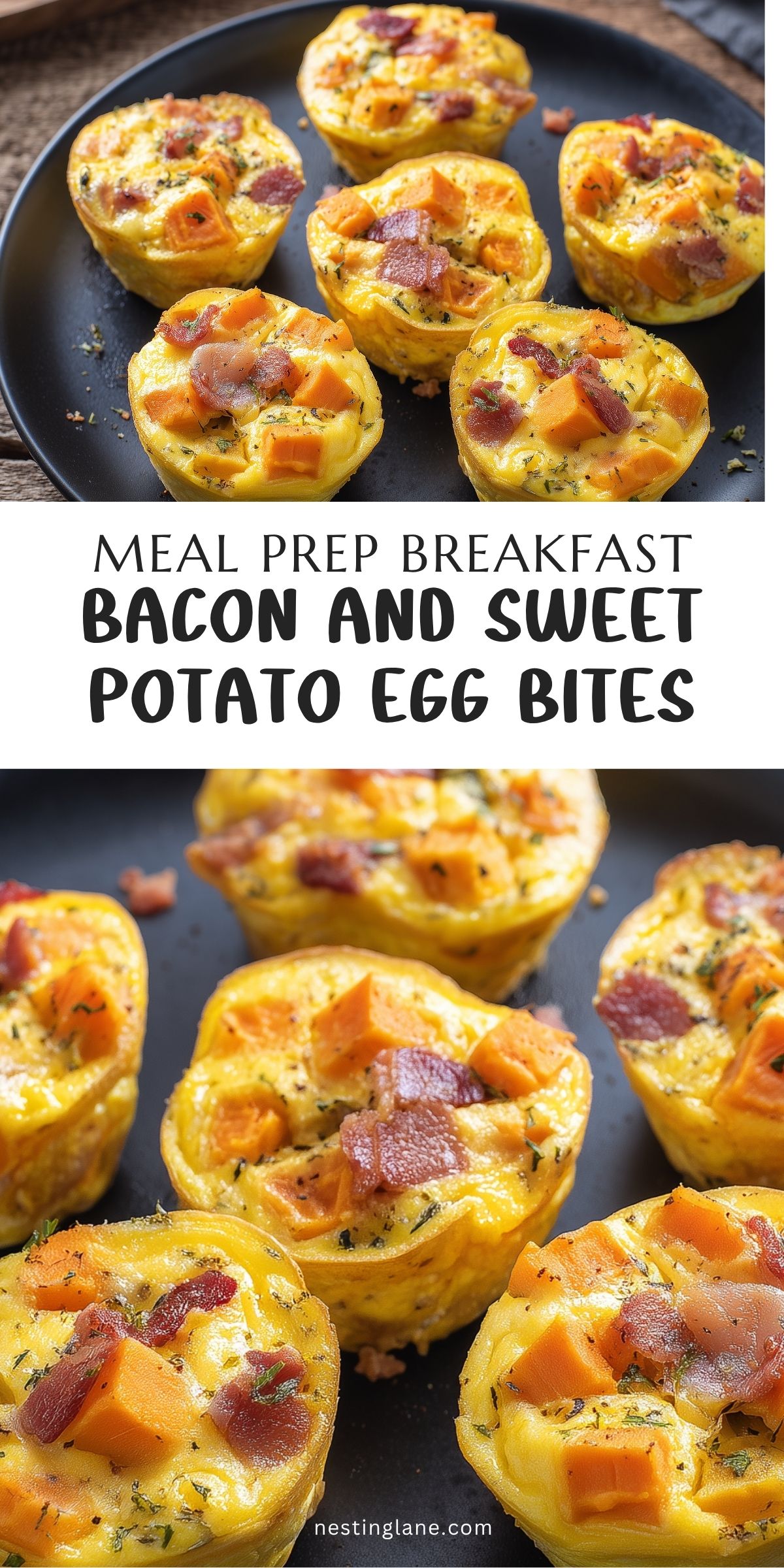 Pinterest graphic with bacon and sweet potato egg bites and the text “Meal Prep Breakfast Bacon and Sweet Potato Egg Bites” and “nestinglane.com.”