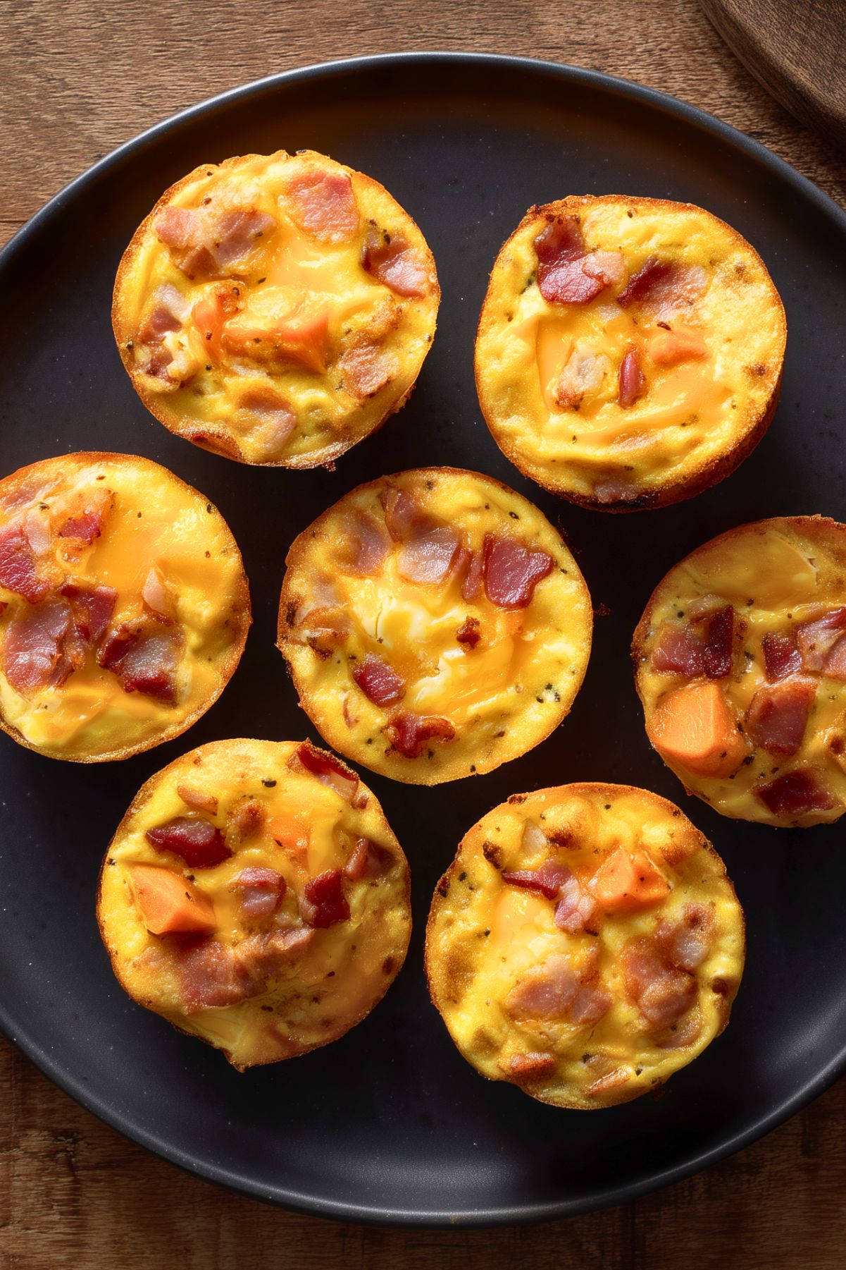 Overhead view of seven bacon and sweet potato egg bites with cheddar cheese on a matte black plate over a rustic wood table.