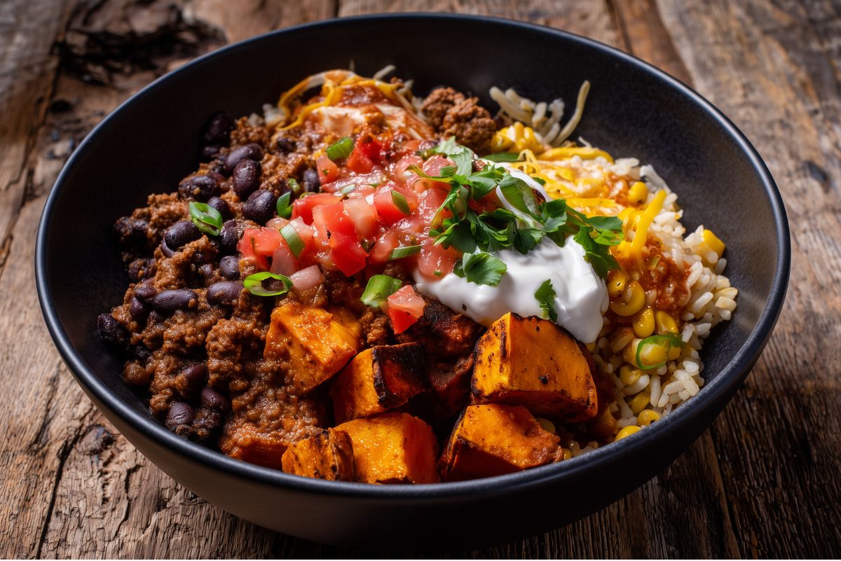 Close-up side view of a Beef Burrito Sweet Potato Bowl filled with seasoned ground beef, black beans, roasted sweet potato cubes, rice, corn, melted cheese, diced tomatoes, sour cream, and fresh cilantro. Served in a matte black bowl on a rustic wooden table.