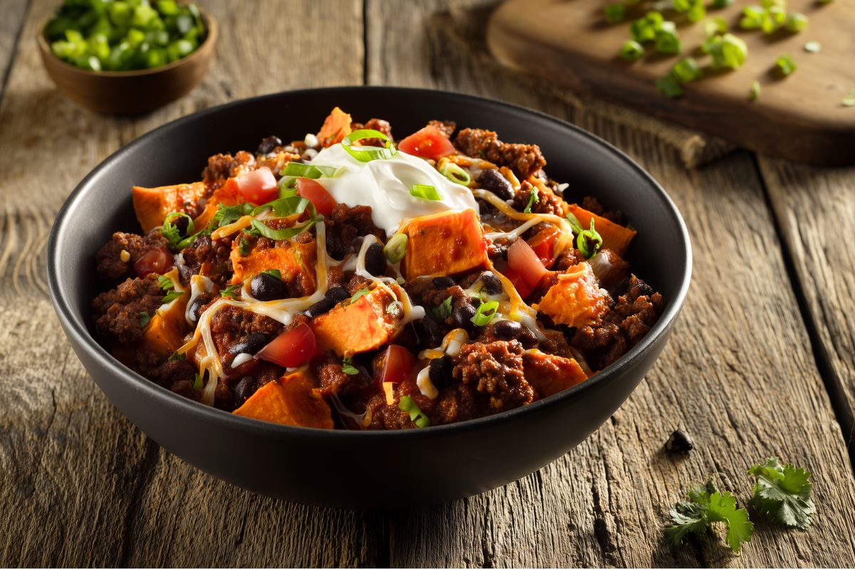 Beef Enchilada Sweet Potato Bowl in a black bowl with seasoned ground beef, roasted sweet potatoes, black beans, melted cheese, tomatoes, green onions, cilantro, and a dollop of sour cream on a rustic wood table.