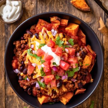 Overhead view of a Beef Enchilada Sweet Potato Bowl with roasted sweet potatoes, seasoned ground beef, black beans, shredded cheese, tomatoes, red onion, cilantro, and sour cream in a black bowl on a rustic wood table.