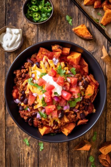 Overhead view of a Beef Enchilada Sweet Potato Bowl with roasted sweet potatoes, seasoned ground beef, black beans, shredded cheese, tomatoes, red onion, cilantro, and sour cream in a black bowl on a rustic wood table.