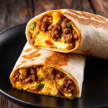 Two Beef Taco Breakfast Burrito halves stacked on a matte black plate. Lightly toasted flour tortillas reveal seasoned ground beef, fluffy scrambled eggs, melted cheddar cheese, and green onions. Dark rustic wood background.