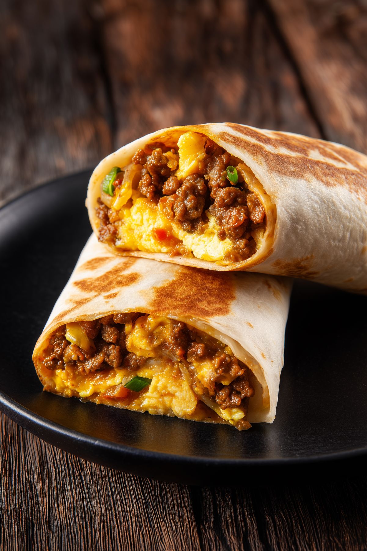 Two Beef Taco Breakfast Burrito halves stacked on a matte black plate. Lightly toasted flour tortillas reveal seasoned ground beef, fluffy scrambled eggs, melted cheddar cheese, and green onions. Dark rustic wood background.