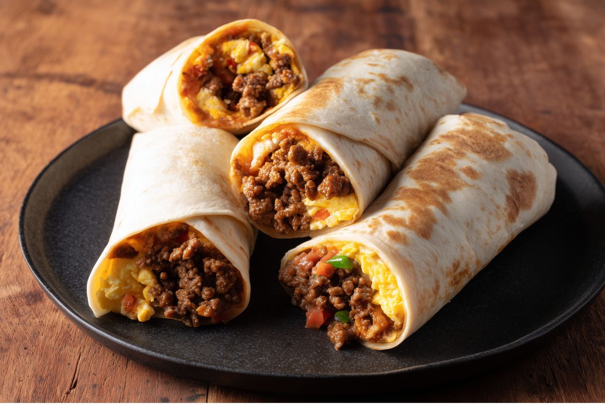 Four Beef Taco Breakfast Burritos arranged on a matte black plate over rustic wood. Lightly browned flour tortillas are filled with seasoned ground beef, scrambled eggs, melted cheese, and diced vegetables, with the fillings visible at the open ends.