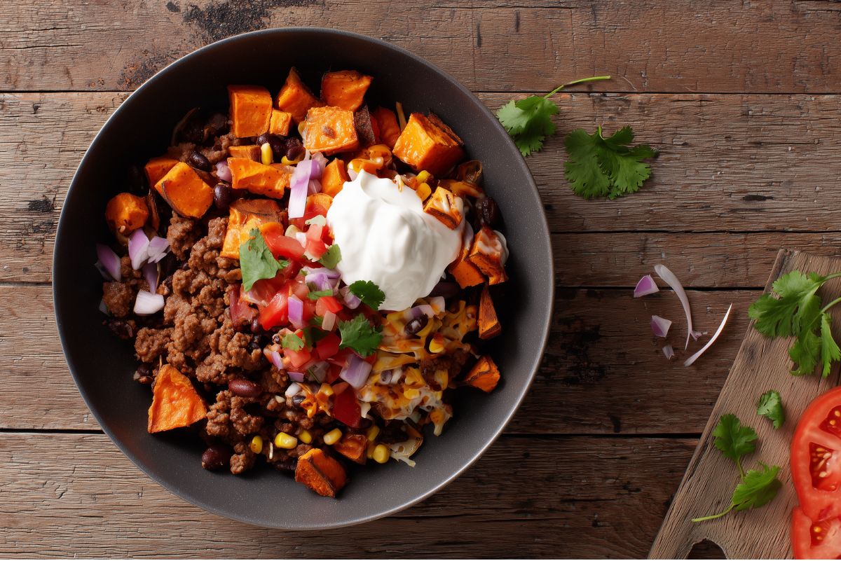 Overhead view of a Beef Taco Sweet Potato Bowl in a matte black bowl with roasted sweet potato cubes, seasoned ground beef, black beans, corn, diced tomatoes, red onion, shredded cheese, sour cream, and fresh cilantro on a rustic wooden table.