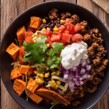 Close-up overhead view of a Beef Taco Sweet Potato Bowl filled with seasoned ground beef, roasted sweet potatoes, black beans, sweet corn, diced tomatoes, chopped red onion, shredded cheese, sour cream, and fresh cilantro in a matte black bowl on a rustic wooden table.