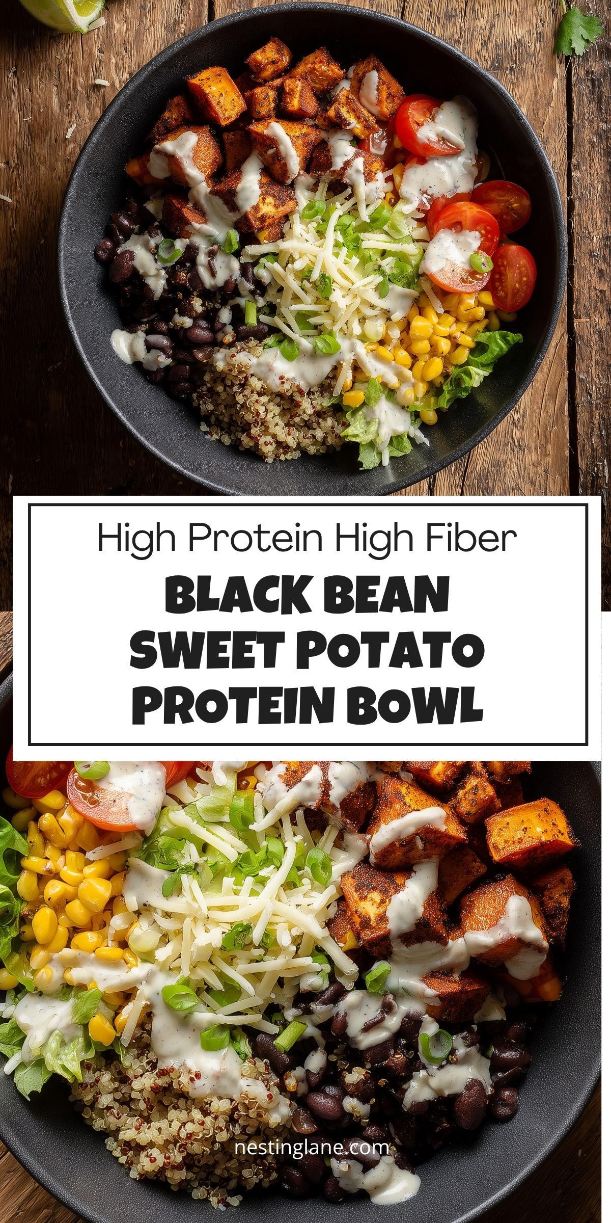 Black Bean Sweet Potato Protein Bowl with roasted sweet potatoes, black beans, quinoa, corn, cherry tomatoes, shredded cheese, green onions, and creamy dressing in a black bowl. Text reads "High Protein High Fiber Black Bean Sweet Potato Protein Bowl" and "nestinglane.com."