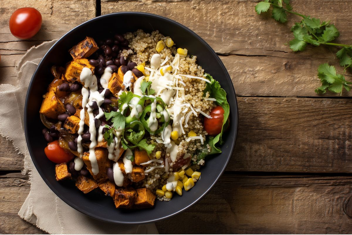 Overhead view of a black bean sweet potato protein bowl filled with roasted sweet potato cubes, black beans, quinoa, yellow corn, cherry tomatoes, leafy greens, shredded cheese, and fresh cilantro, drizzled with creamy white dressing on a rustic wooden table.
