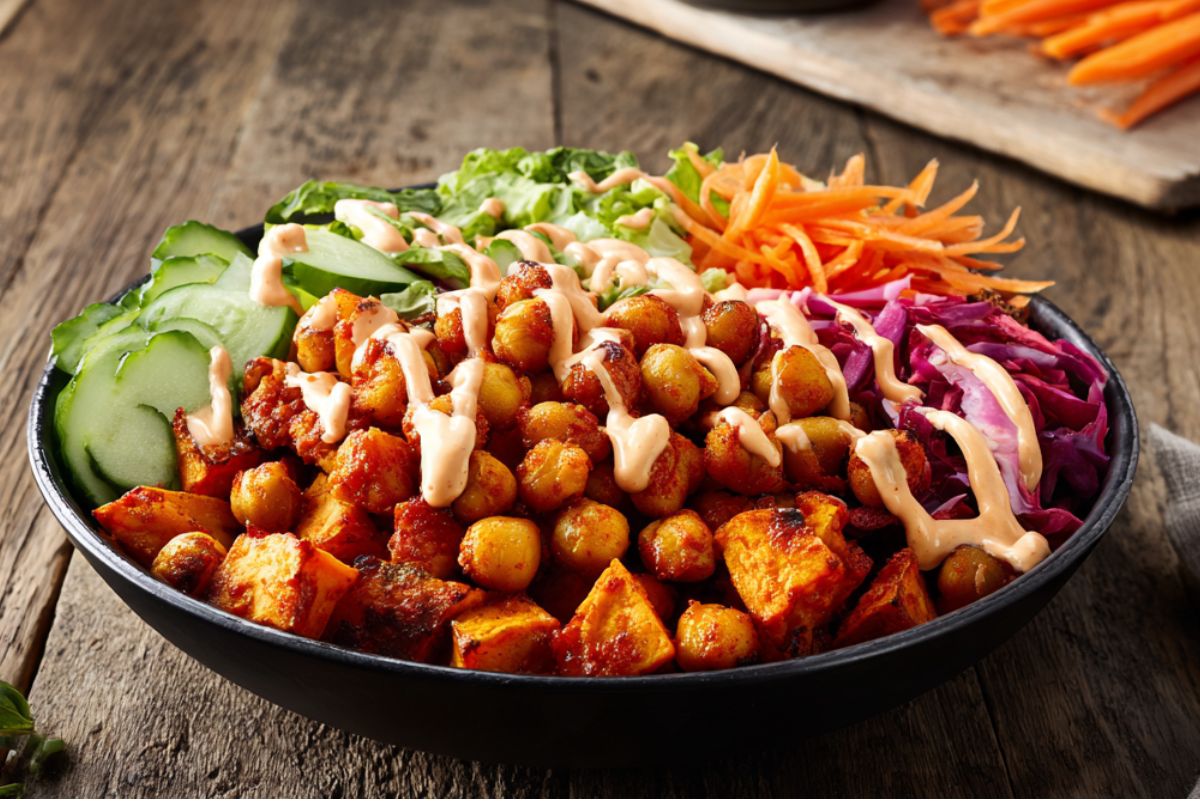 Buffalo chickpea sweet potato bowl with roasted sweet potatoes, spicy chickpeas, romaine lettuce, cucumber, shredded carrots, red cabbage, and creamy Buffalo dressing in a black bowl.