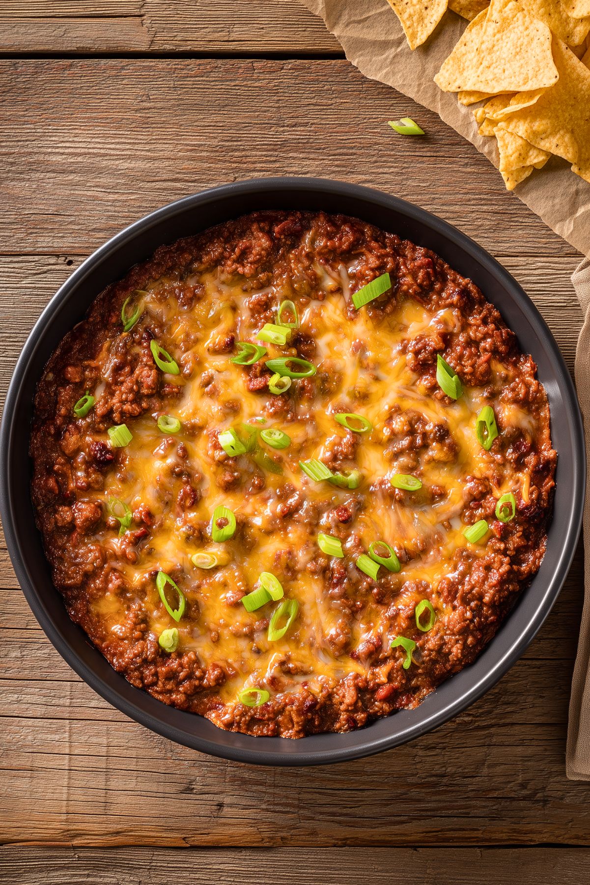 Overhead view of Cheesy Sloppy Joe Party Dip in a round black baking dish. Seasoned ground beef in a rich tomato sauce is covered with melted cheddar cheese and chopped green onions. Tortilla chips sit nearby on a rustic wooden table.