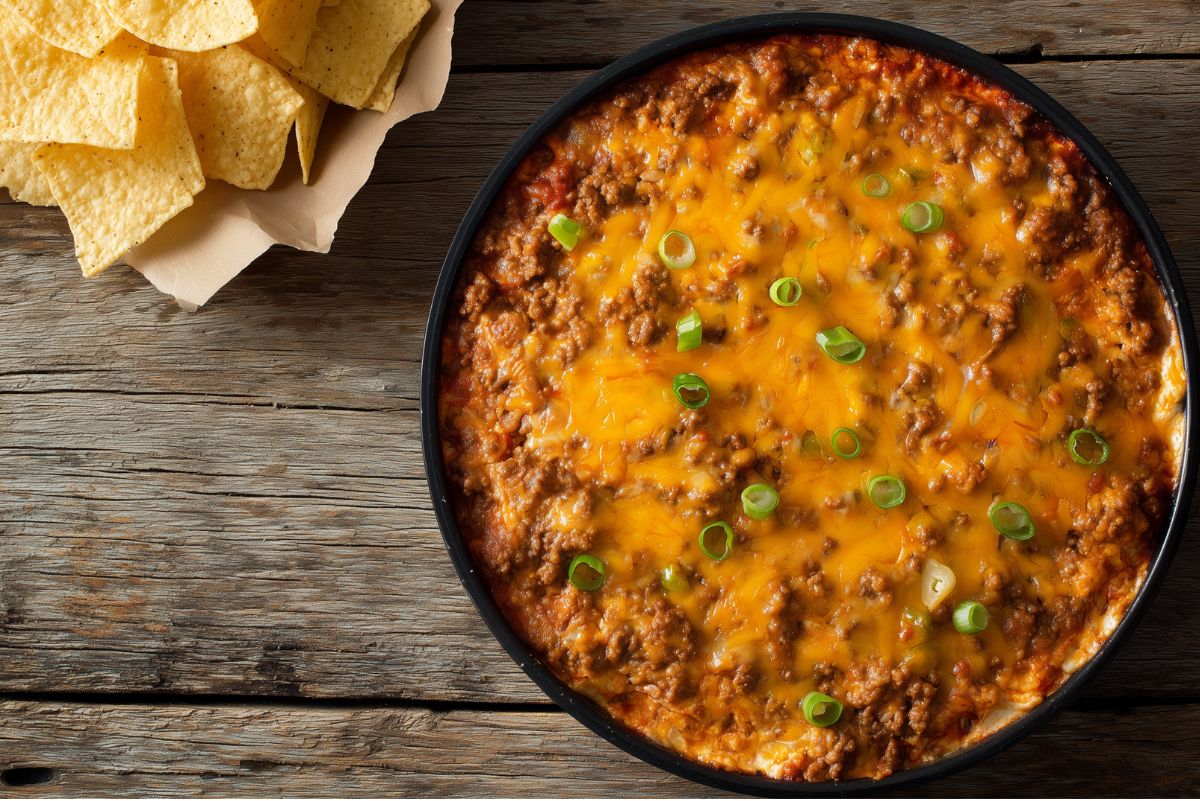 Cheesy Sloppy Joe Party Dip with seasoned ground beef, melted cheddar cheese, and sliced green onions in a round black baking dish. A pile of crispy tortilla chips sits beside the dip on a rustic wooden tabletop.