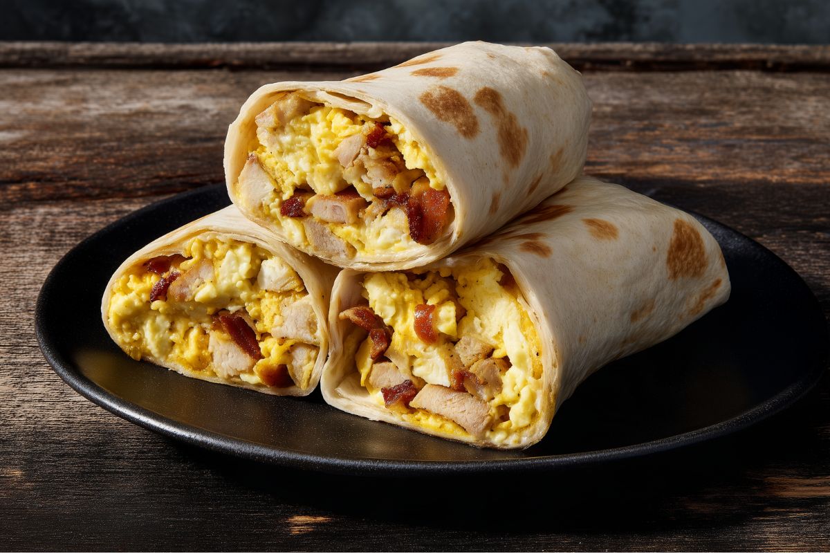 Three Chicken Bacon Ranch Breakfast Burrito halves stacked on a matte black plate over rustic wood. Lightly toasted flour tortillas are filled with fluffy scrambled eggs, chopped chicken breast, crispy bacon, and melted cheddar cheese.