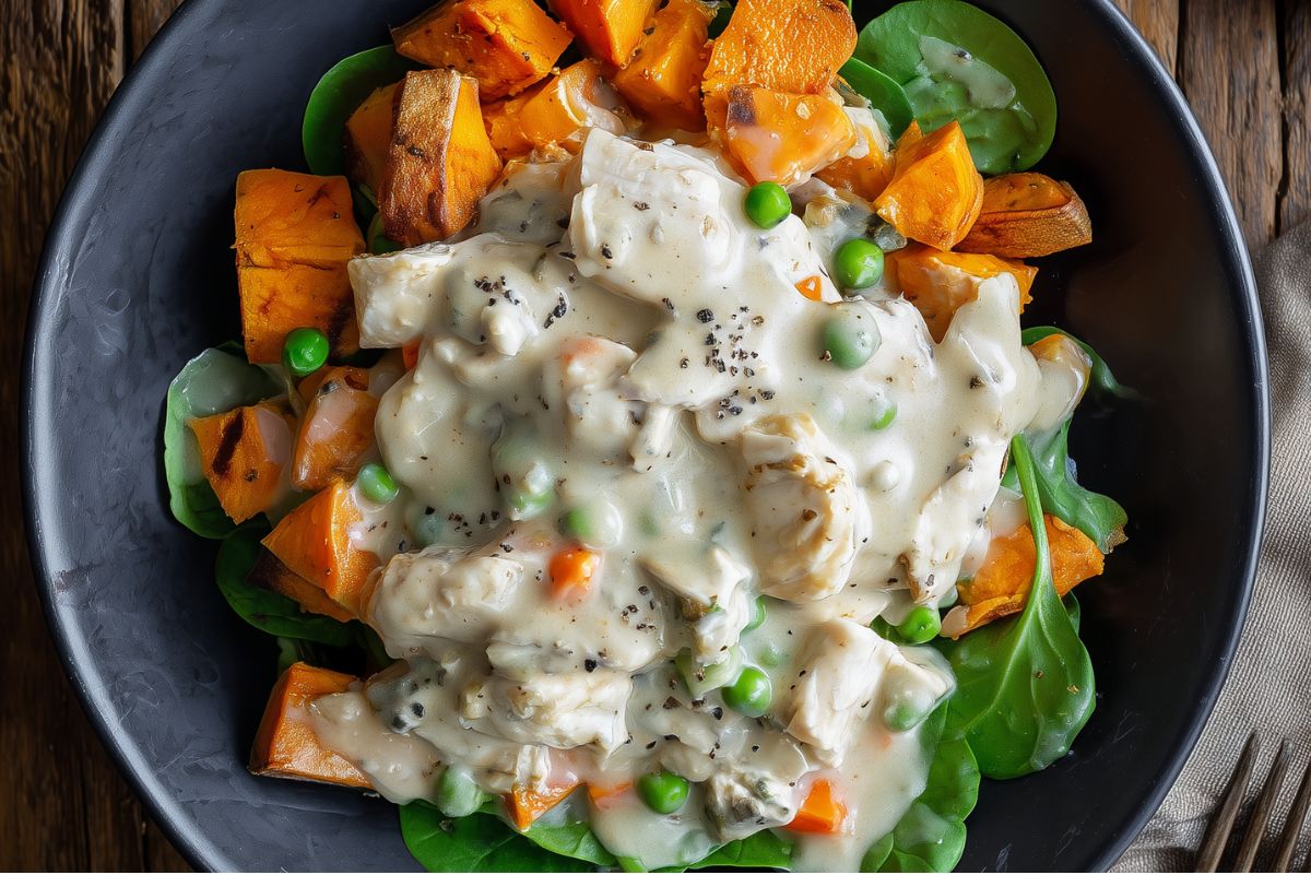 Overhead close-up of a Chicken Pot Pie Sweet Potato Bowl with roasted sweet potato cubes, tender chicken, green pea