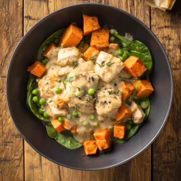 Chicken Pot Pie Sweet Potato Bowl with golden roasted sweet potatoes, chunks of chicken in creamy herb gravy, green peas, carrots, and spinach. Served in a matte black bowl on a rustic wooden table with roasted sweet potatoes in the background.