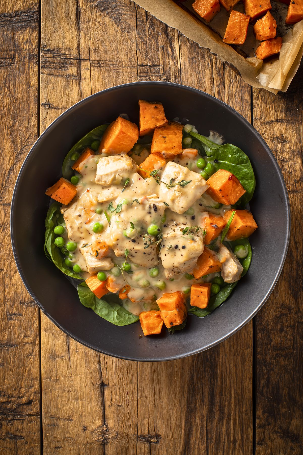 Chicken Pot Pie Sweet Potato Bowl with golden roasted sweet potatoes, chunks of chicken in creamy herb gravy, green peas, carrots, and spinach. Served in a matte black bowl on a rustic wooden table with roasted sweet potatoes in the background.