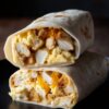 Two chicken and biscuit breakfast burrito halves stacked on a matte black plate over a rustic wooden table. Lightly toasted flour tortillas are filled with tender seasoned chicken breast, fluffy scrambled eggs, golden biscuit pieces, and melted cheddar cheese. A close-up view highlights the hearty breakfast filling.