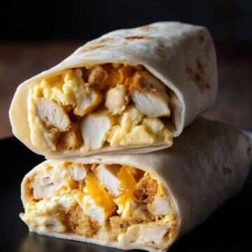 Two chicken and biscuit breakfast burrito halves stacked on a matte black plate over a rustic wooden table. Lightly toasted flour tortillas are filled with tender seasoned chicken breast, fluffy scrambled eggs, golden biscuit pieces, and melted cheddar cheese. A close-up view highlights the hearty breakfast filling.