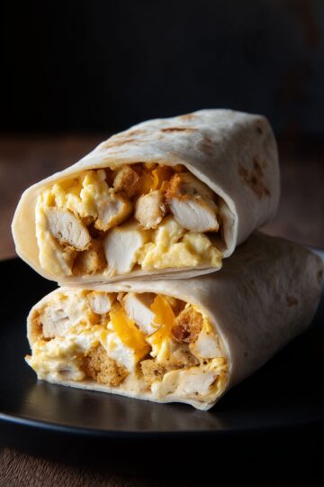 Two chicken and biscuit breakfast burrito halves stacked on a matte black plate over a rustic wooden table. Lightly toasted flour tortillas are filled with tender seasoned chicken breast, fluffy scrambled eggs, golden biscuit pieces, and melted cheddar cheese. A close-up view highlights the hearty breakfast filling.