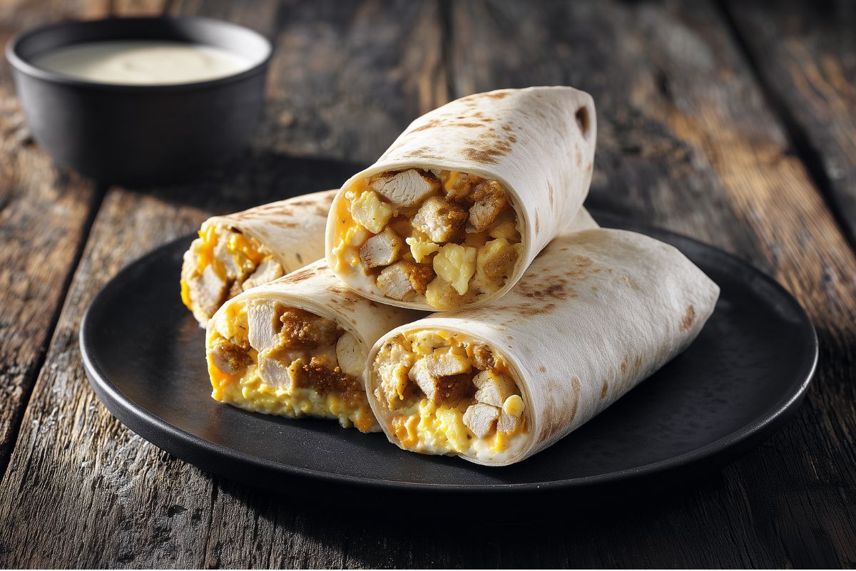 Three Chicken and Biscuit Breakfast Burritos stacked on a round black plate. Cut ends reveal chunks of chicken, scrambled eggs, melted cheddar cheese, and biscuit pieces wrapped in lightly toasted flour tortillas. A small black bowl of white gravy sits in the background.