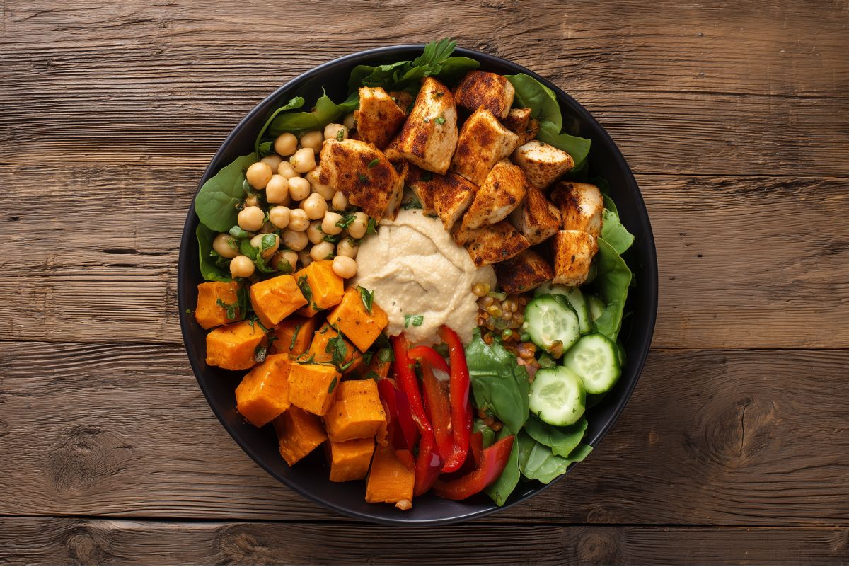 Overhead view of Chicken and Hummus Sweet Potato Bowls in a matte black bowl with seasoned grilled chicken, roasted sweet potato cubes, chickpeas, creamy hummus, cucumber slices, red bell peppers, and fresh spinach on a rustic wooden table.