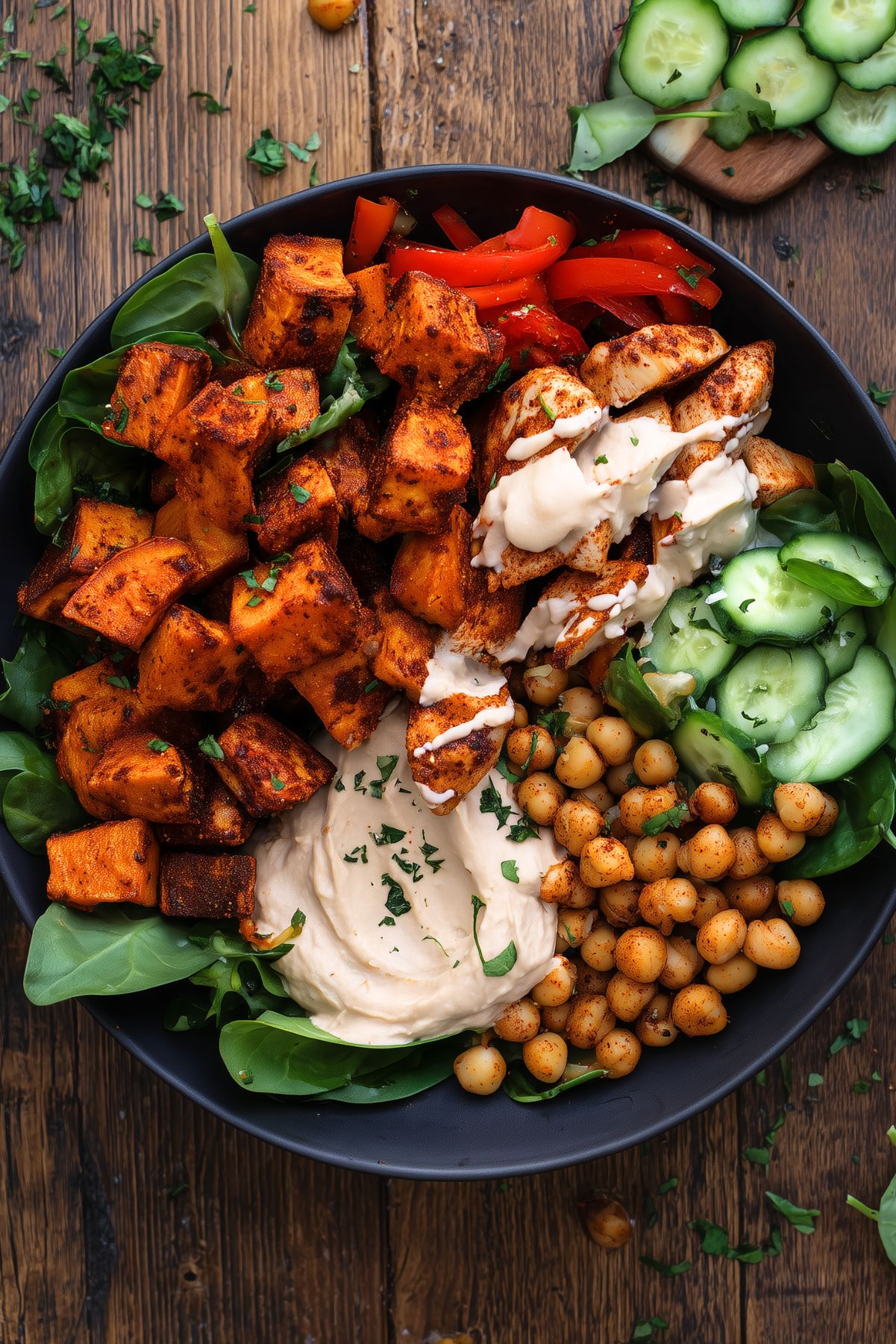Close-up of a Chicken and Hummus Sweet Potato Bowl with golden roasted sweet potatoes, seasoned chicken drizzled with creamy white sauce, chickpeas, sliced cucumbers, red bell peppers, fresh spinach, and a generous scoop of hummus in a black bowl.