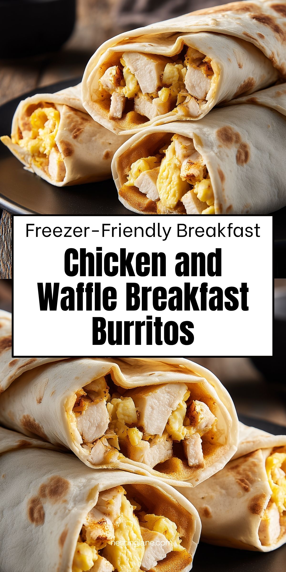 Chicken and waffle breakfast burritos filled with scrambled eggs, chicken, and waffle pieces. Text reads: “Freezer-Friendly Breakfast Chicken and Waffle Breakfast Burritos.” Nestinglane.com.