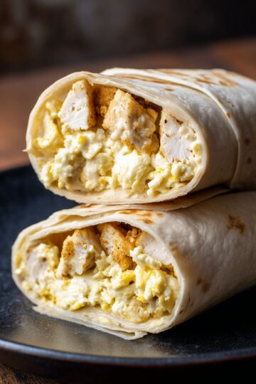 Close-up of two stacked chicken and waffle breakfast burrito halves filled with scrambled eggs, seasoned chicken, melted cheese, and waffle pieces on a black plate.