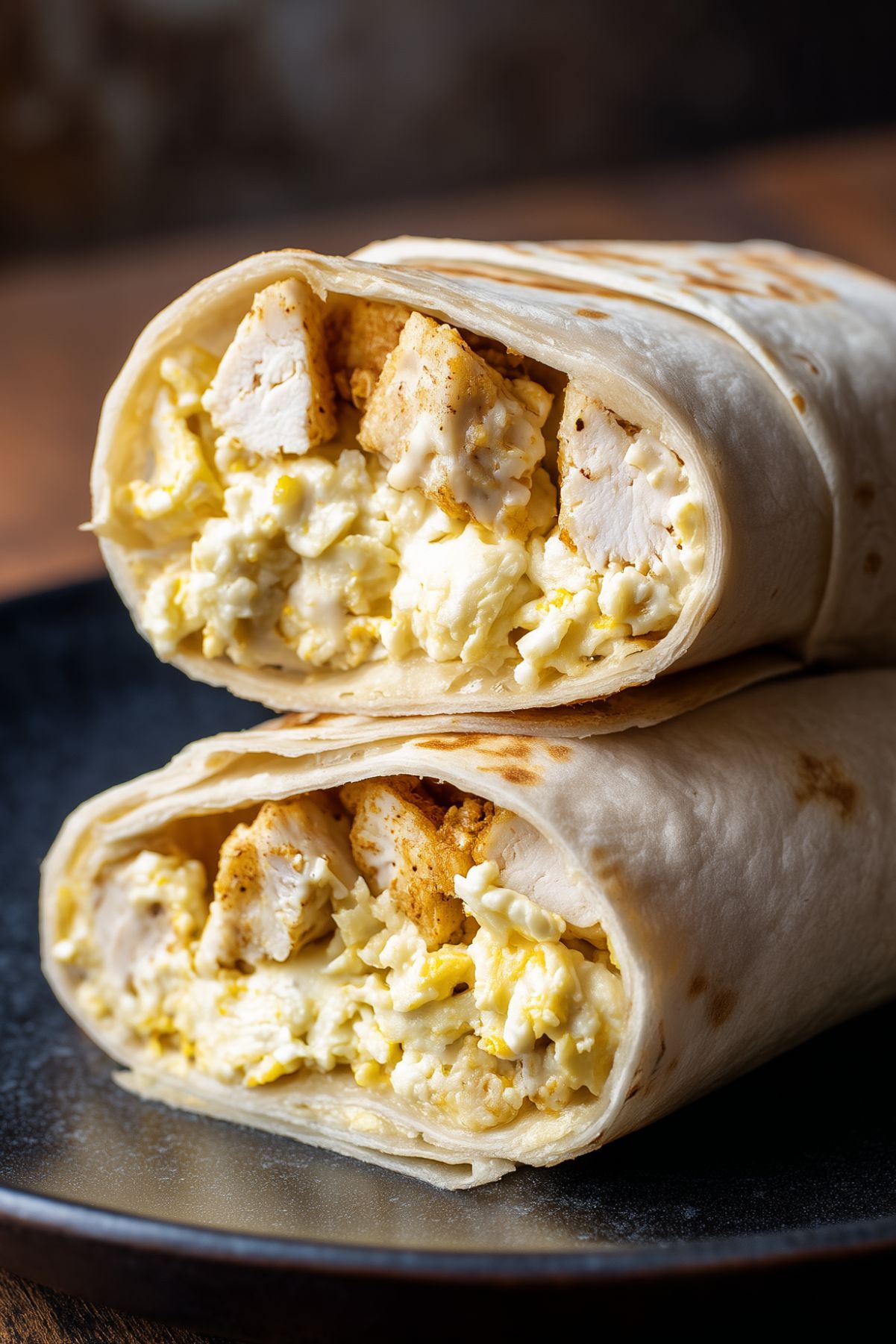 Close-up of two stacked chicken and waffle breakfast burrito halves filled with scrambled eggs, seasoned chicken, melted cheese, and waffle pieces on a black plate.