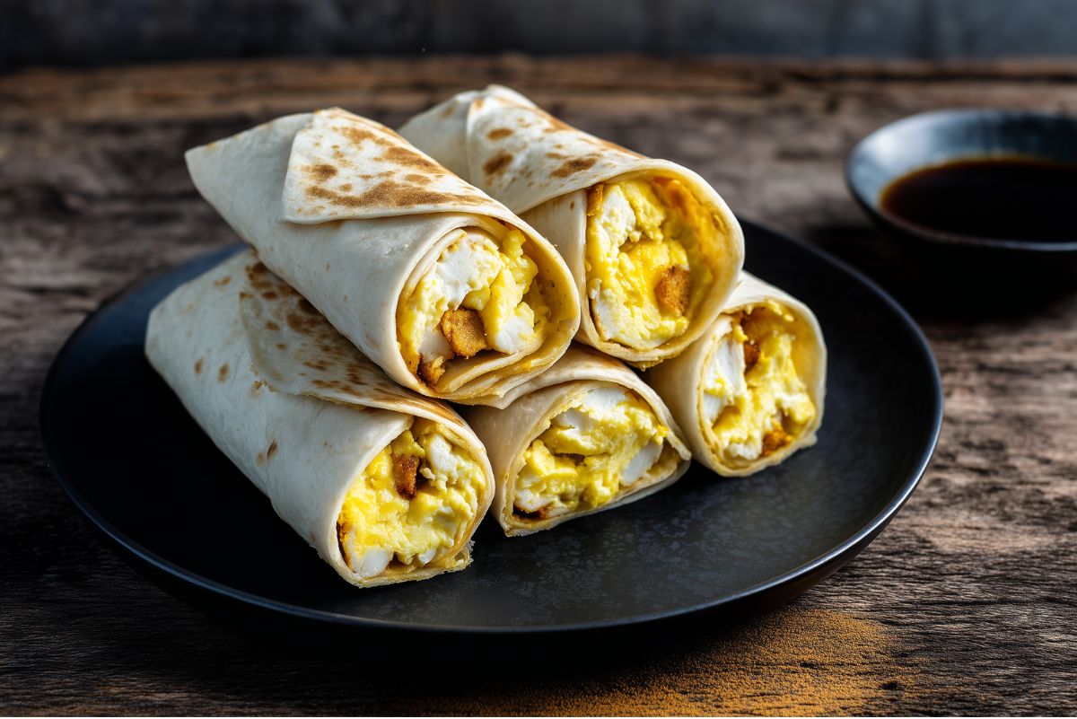Chicken and waffle breakfast burritos stacked on a black plate, filled with scrambled eggs, chicken, and waffle pieces, served on a rustic wood table.
