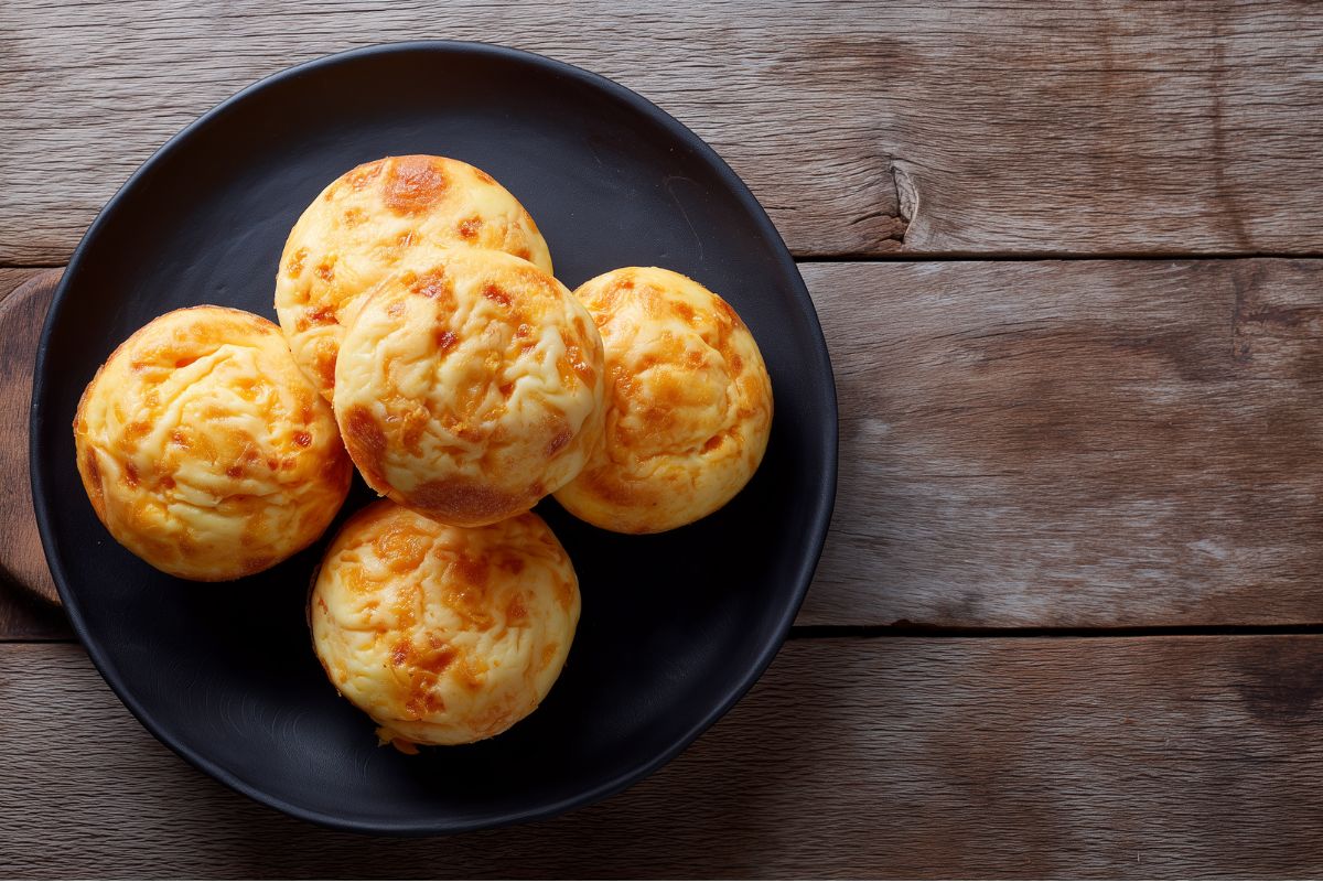 Five golden Chipotle Cheddar Egg Bites stacked on a matte black plate. The fluffy baked egg bites have lightly browned tops with melted cheddar cheese and are served on a dark rustic wooden table.