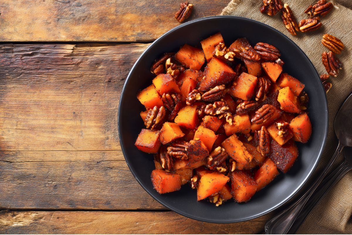 Overhead view of cinnamon roasted butternut squash with pecans in a black bowl on a rustic wooden table, with scattered pecans and burlap nearby.
